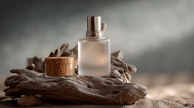 Elegant perfume bottle and small jar displayed with natural wood on a textured surface. Neutral color palette.
