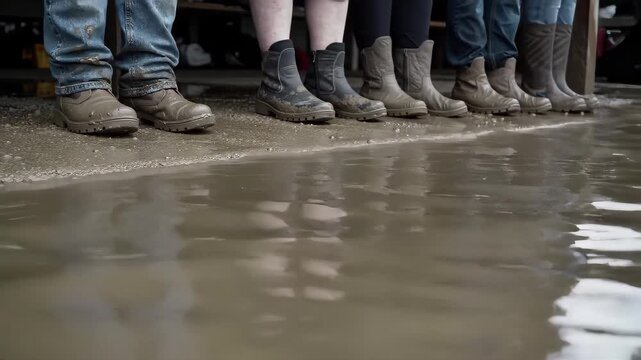 Row of People Wearing Boots Standing Near Muddy Water Surface Outdoors