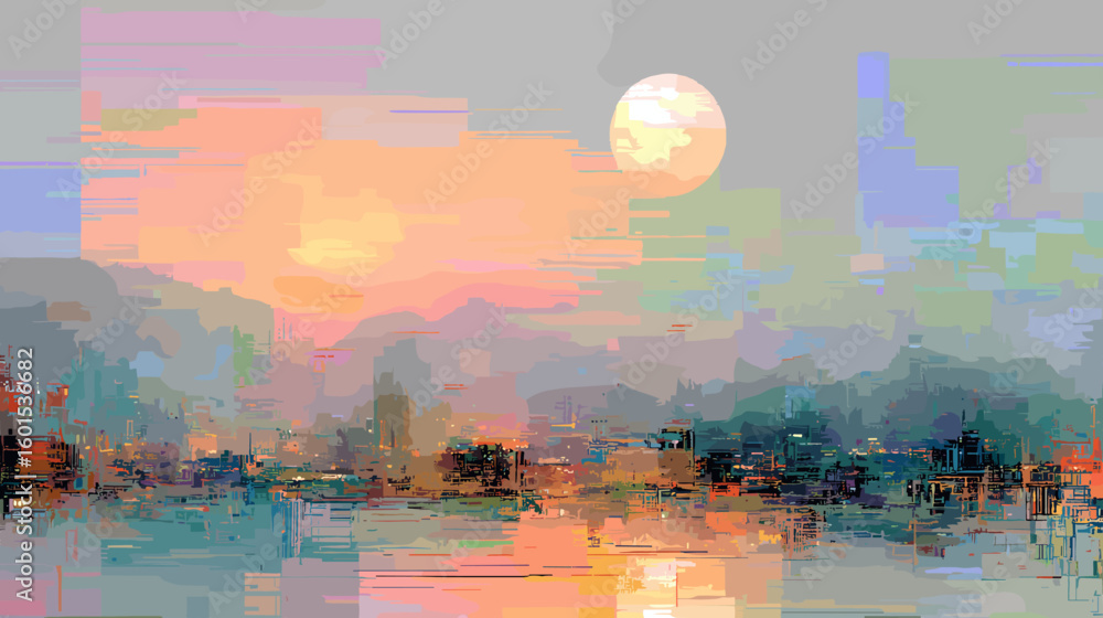 Poster glitch vector background with abstract landscape and moonlit sky
