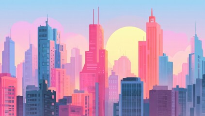 A cartoon-style cityscape with skyscrapers and the sun setting in the background, designed for animation The buildings should have bold outlines to emphasize their shapes, while pastel Generative AI