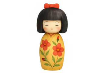 Kokeshi doll wearing a kimono with a floral design, a traditional japanese wooden toy, isolated on transparent background