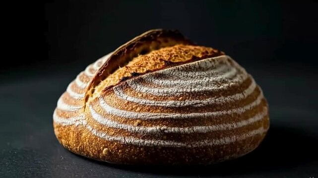  Artisan Sourdough Bread Loaf with Crusty Ear on Dark Background. Concept for Homemade Rustic Baking, Bakery, and Traditional Food.