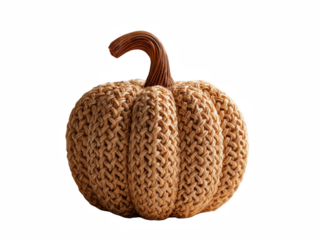 Rustic autumn pumpkin woven decoration, perfect for harvest season, with brown stem detail, on transparent background.