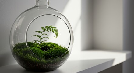 Lush Green Fern and Moss Inside Glass Terrarium with Natural Light and Soft Shadows