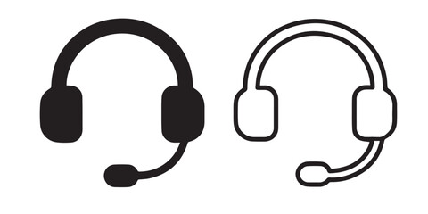 Headset Icon Set | Black and Outline Call Center Headphones with Microphone Isolated on Transparent Background