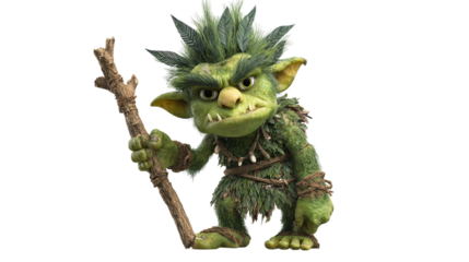 Green troll character in fantasy cartoon 3D, mythical monster icon. Isolated on transparent background 