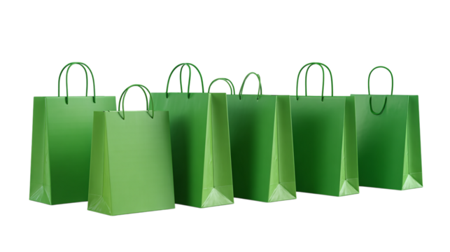 Green shopping bags 3D rendering isolated on transparent background 