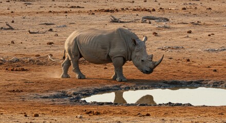 Majestic Rhinoceros Approaching Waterhole in Dry Landscape During Golden Hour