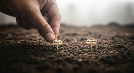 A hand planting seeds of respect and compassion in soil representing growth and positive values cultivated