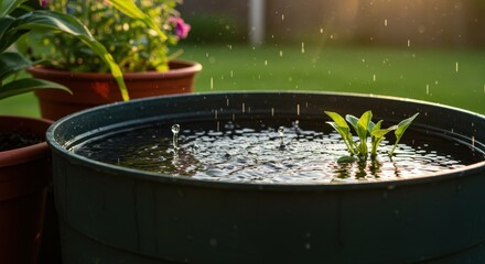 Raindrops Falling on Green Leaves in a Pot during a Sunlit Afternoon in a Lush Garden Setting