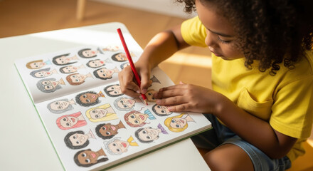 Fototapeta premium A young girl coloring a book full of diverse faces with a red pencil on a white table indoors at daytime