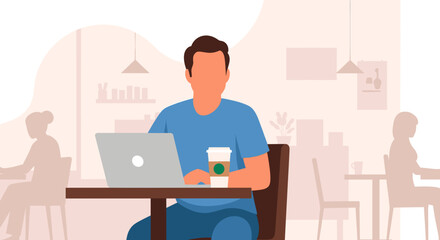 Man working on laptop in a cafe, ideal for website banners or blog posts about remote work or coffee culture.
