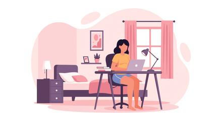 Young woman working from home on laptop in her bedroom. Perfect for websites, blogs, or articles about remote work, work life balance, or online learning.