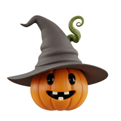 PNG cut out isolated background. A 3D illustration of a classic Halloween jack-o'-lantern. This cheerful orange pumpkin has a traditional carved smiling face.