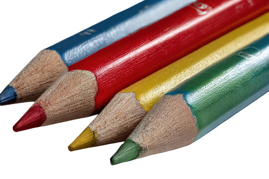 Vibrant close-up showcasing blue, red, yellow, and green colored pencils arranged in a line, ideal art supplies, on transparent background