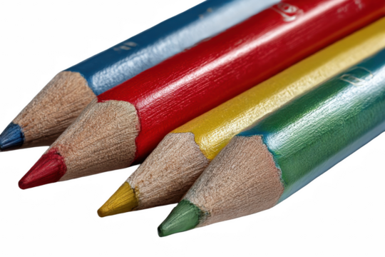 Vibrant close-up showcasing blue, red, yellow, and green colored pencils arranged in a line, ideal art supplies, on transparent background