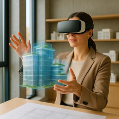 Professional woman experiencing innovative architectural design of a green building in virtual reality.