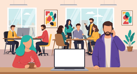 Busy modern office workers collaborating, perfect for website or company brochure.