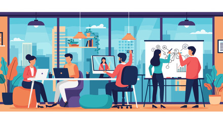 Diverse team collaborating in a modern office, perfect for illustrating teamwork, innovation, and business success on your website or marketing materials.