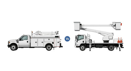 Comparison of a utility service truck and a bucket truck, both white, shown side-by-side against a plain white background.