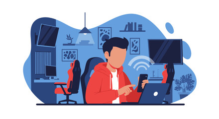 Person using smartphone and laptop in modern home office, perfect for tech or telecom landing pages.