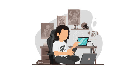 Young man using tablet and smartphone at home, surrounded by American football memorabilia - perfect for blogs about sports fans or home office setups.