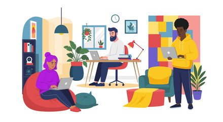 Diverse team working remotely from home, perfect for illustrating remote work, collaboration, and flexibility.