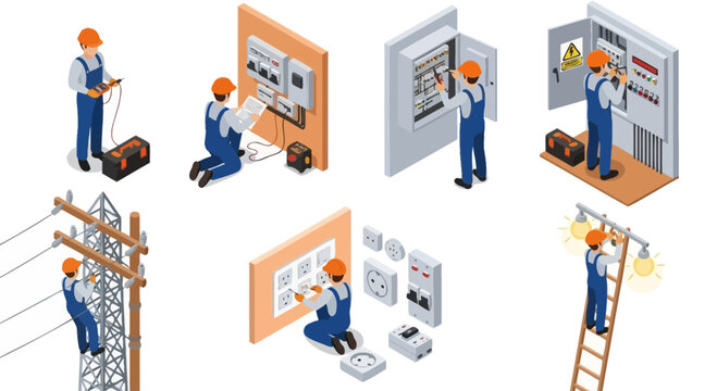 Isometric illustrations depicting an electrician performing various electrical tasks, including meter reading, wiring, panel maintenance, and working on powe...