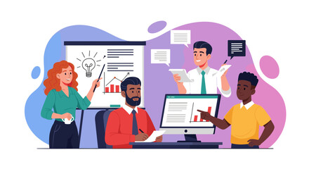 Diverse team brainstorming and collaborating on a project, perfect for websites or presentations on teamwork and innovation.