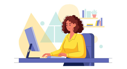 Smiling woman working on desktop computer in home office, perfect for website landing page or blog post.