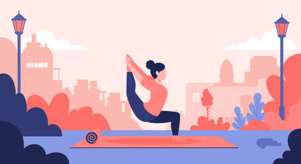 Fototapeta premium Woman practicing yoga outdoors in city park, perfect for wellness websites or brochures.