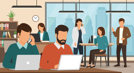 Diverse team of coworkers collaborating in a modern office, perfect for website banners or presentations.