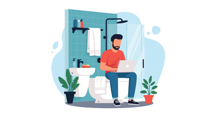 Man working on laptop in bathroom - Illustration for blog, article or website.