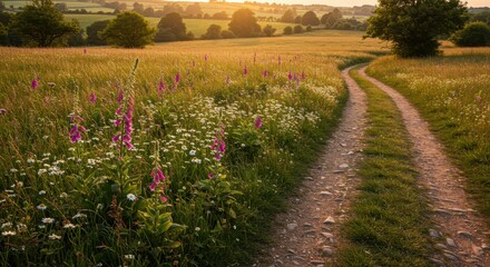 Serene Pathway Through Vibrant Wildflowers at Sunset in Lush Green Countryside Landscape