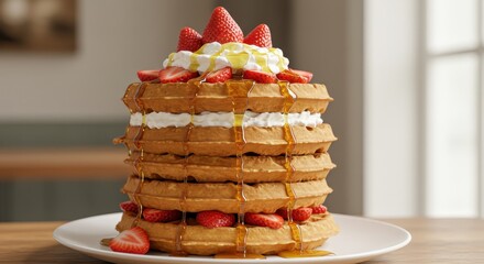 Stack of Delicious Waffles Topped with Fresh Strawberries Whipped Cream and Maple Syrup in Brightly Lit Kitchen