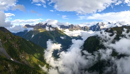Panoramic mountain vista shrouded in clouds