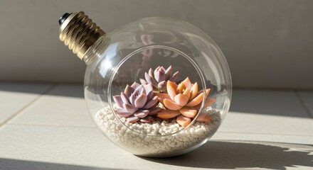 Succulent Plant Arrangement in Clear Glass Ornament with Natural White Pebbles and Warm Lighting Highlighting Its Beauty