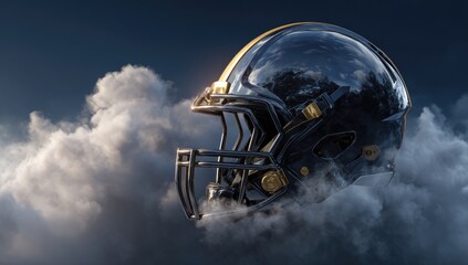 A sleek, black football helmet with gold accents, seemingly floating amidst dramatic, low-hanging clouds against a deep twilight sky