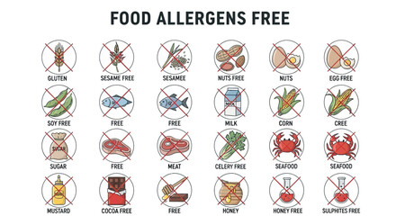 Illustration showcasing food allergens that are free from various ingredients, including gluten, sesame, nuts, eggs, soy, fish, milk, corn, sugar, meat, cele...