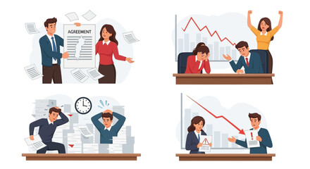 Four illustrations depicting business professionals experiencing various workplace challenges, including contract issues, market downturns, and overwhelming paperwork.