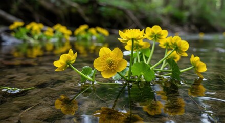 Vibrant Yellow Buttercups Blooming Above a Calm Stream with Reflections in Crystal Clear Water