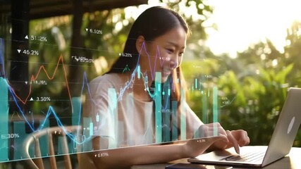 Young Woman Analyzes Stock Market Data Outdoors Dynamic Charts Overlay Laptop Success. - Powered by Adobe
