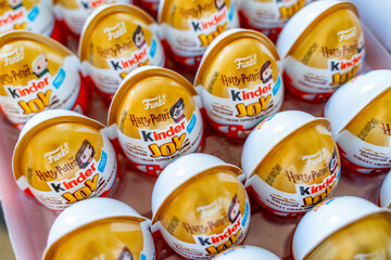 Fototapeta premium Kinder Joy Harry Potter Chocolate Surprise Eggs in Box. 