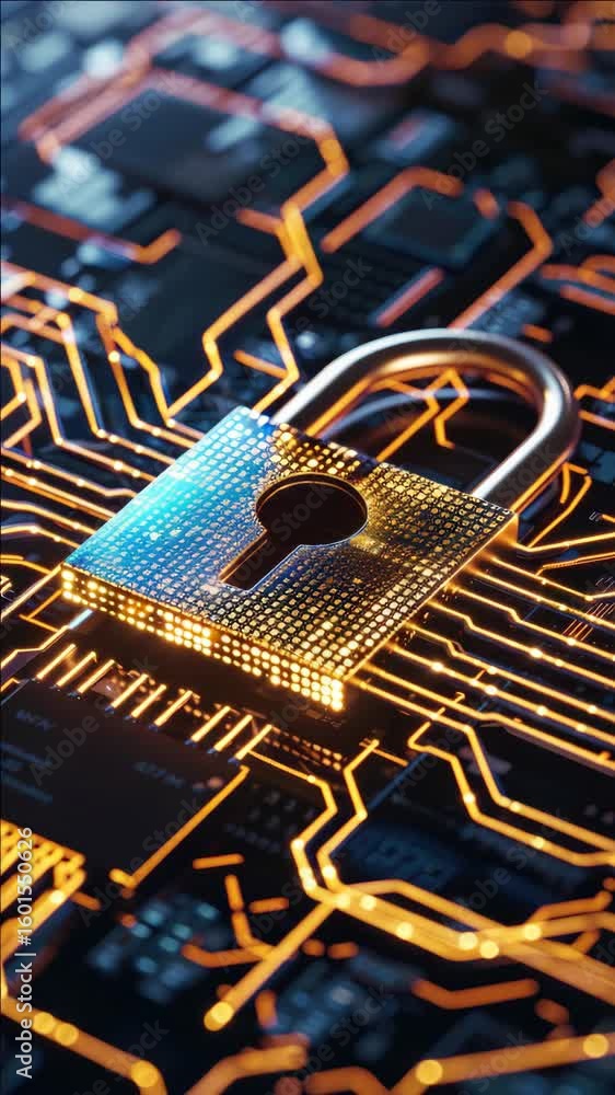 Poster high tech of a blue metallic padlock on a circuit board with glowing orange and white patterns, symb