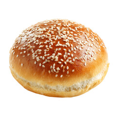 A close-up view of a single, sesame seed-covered hamburger bun