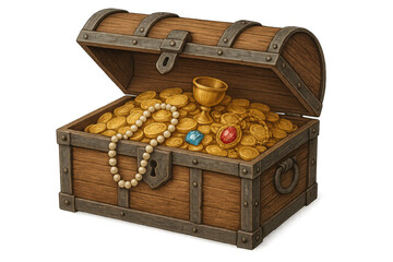 Weathered wooden treasure chest brimming with golden coins, sparkling jewels, gleaming chalice against transparent backdrop