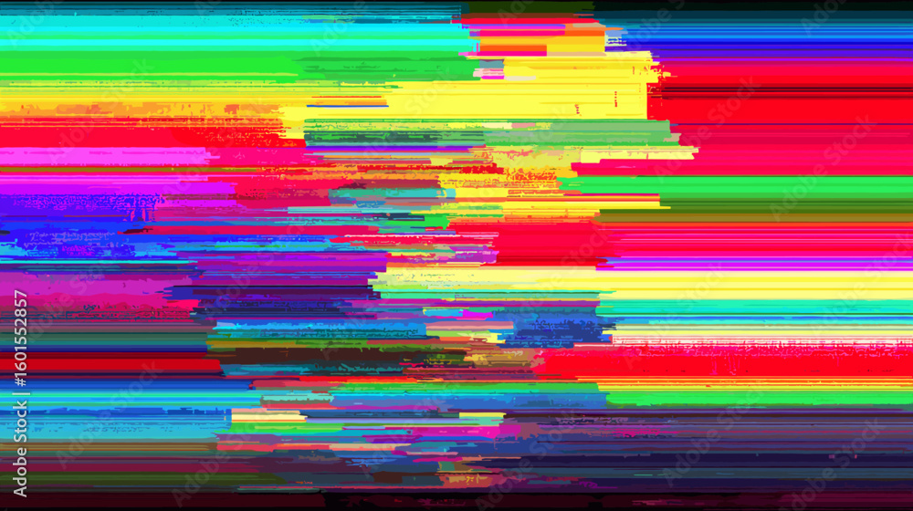 Poster glitch vector background with colorful horizontal stripes and distortion