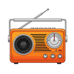 Orange vintage radio with antenna, speaker, tuning dial, and knobs, isolated on white background.