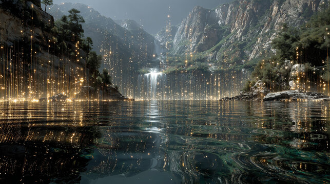 Epic Landscape of a Digital Data Waterfall in a Mountain Valley