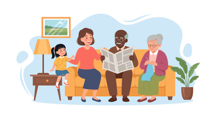 Happy multigenerational family relaxing at home, perfect for family, togetherness, and senior care websites or brochures.